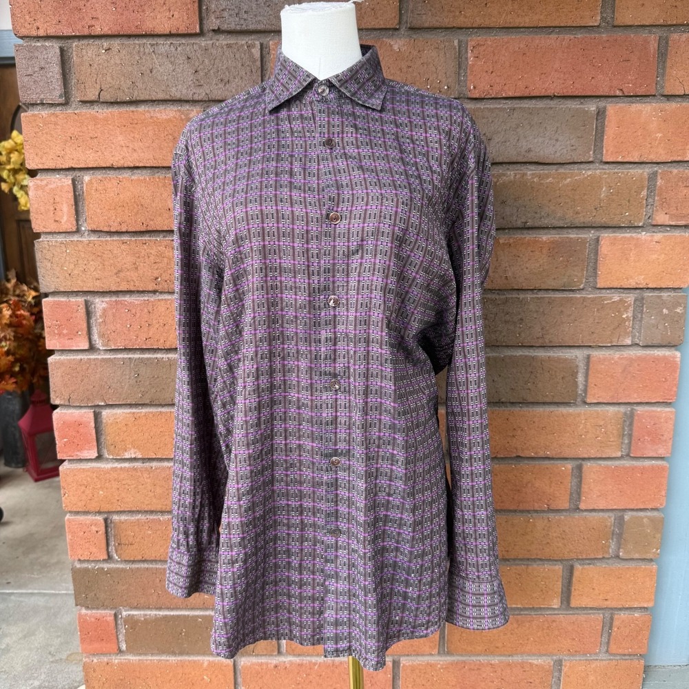 Marianne Kooimans Button Up Shirt Hand Crafted Plaid | Purple | Size Small‎